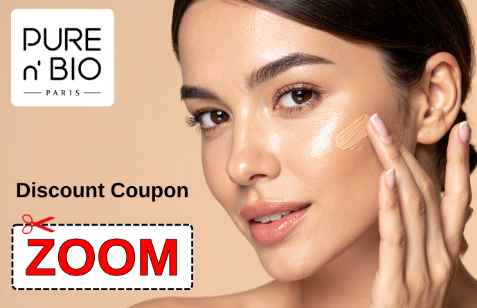 Pure n' Bio coupon code ZOOM banner showing exclusive discount on certified organic French skincare, makeup, and supplements for GCC shoppers