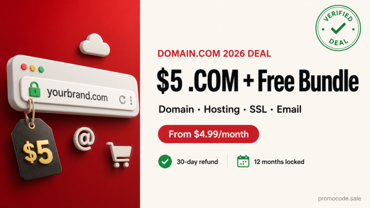 Domain.com Promo Code 2026 — Get a $5 .COM domain plus free hosting bundle with SSL and email starting at $4.99/month, verified by PromoCode Sale.