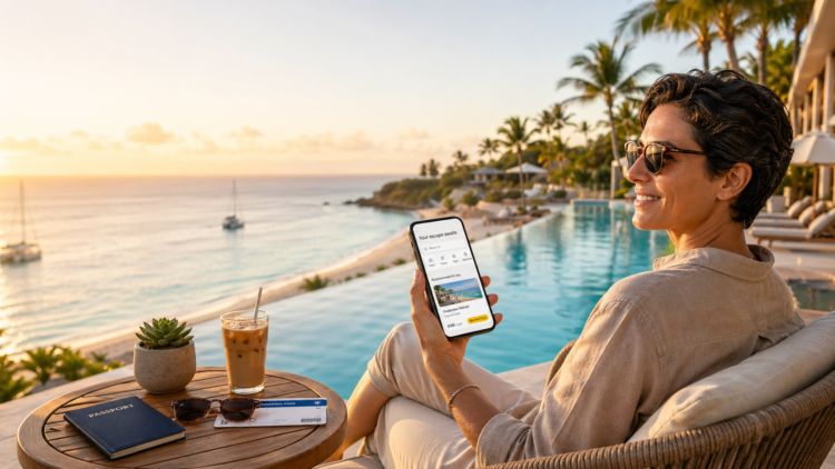 Traveler booking discounted hotels on Expedia.com in 2026 from a sunny resort terrace overlooking a turquoise coastline.