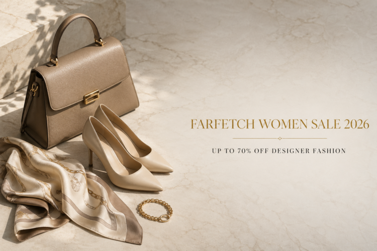 Farfetch Women Sale 2026 banner featuring luxury designer handbag, heels, and accessories with up to 70% off offer