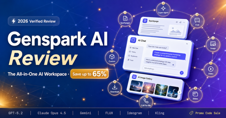 Genspark AI review 2026 dashboard preview showing Sparkpages, Super Agent, and the 9-agent system with Plus and Pro pricing plans starting from $19.99 per month