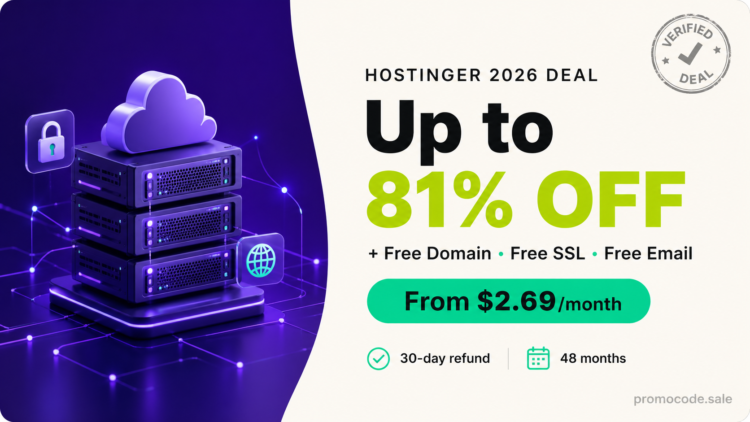 Hostinger Coupon Code 2026 — Save up to 81% on web hosting plans starting at $2.69/month with free domain, SSL, and email — verified by PromoCode Sale.