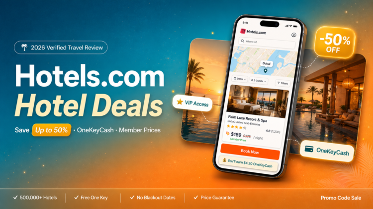Hotels.com hotel deals 2026 mobile app showing OneKeyCash rewards, 50 percent off discount badge, VIP Access properties, and Member Prices for One Key loyalty program members