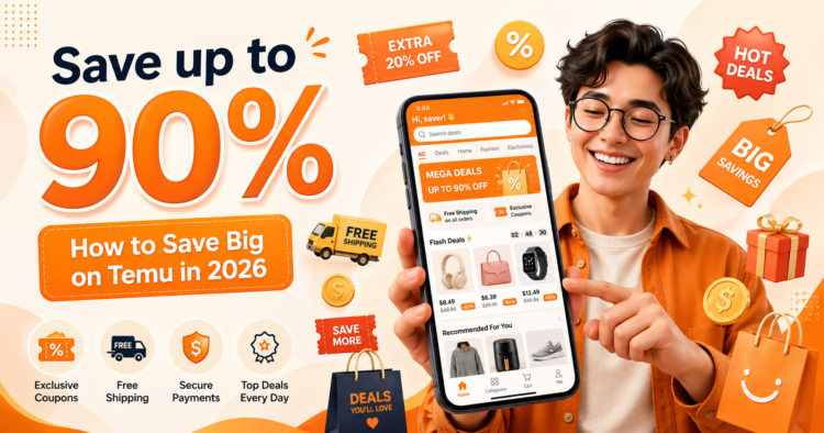 Smart shopper saving up to 90% on Temu with Lightning Deals, price match, and app coupon bundles in 2026.