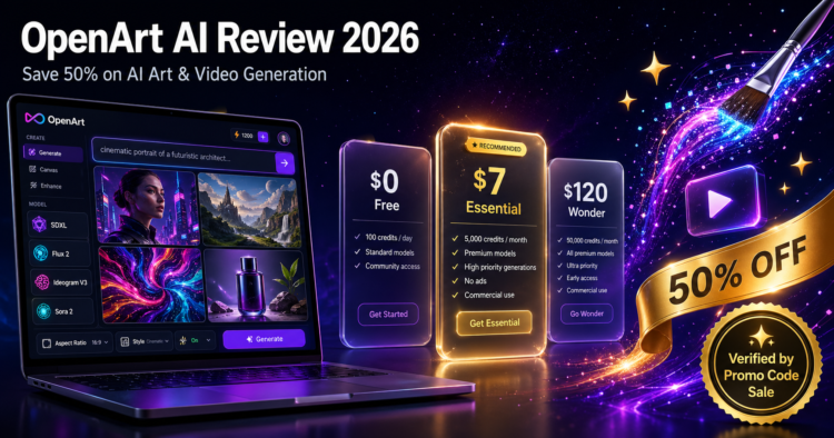 OpenArt AI review 2026 dashboard with multi-model AI image and video generation, showing pricing plans and 50% annual discount — featured by Promo Code Sale.