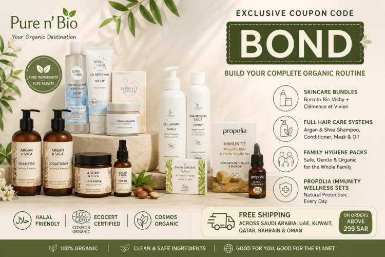 BOND coupon code for bundle savings on Pure n' Bio organic skincare routines, hair systems, and Propolia wellness sets across the GCC