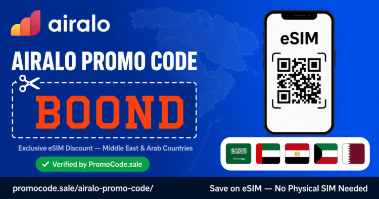 Airalo promo code BOOND showing exclusive eSIM discount for Middle East and Arab countries, sourced by PromoCode.sale
