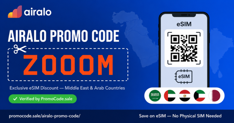 Airalo promo code ZOOOM showing exclusive eSIM discount for Middle East and Arab countries, sourced by PromoCode.sale