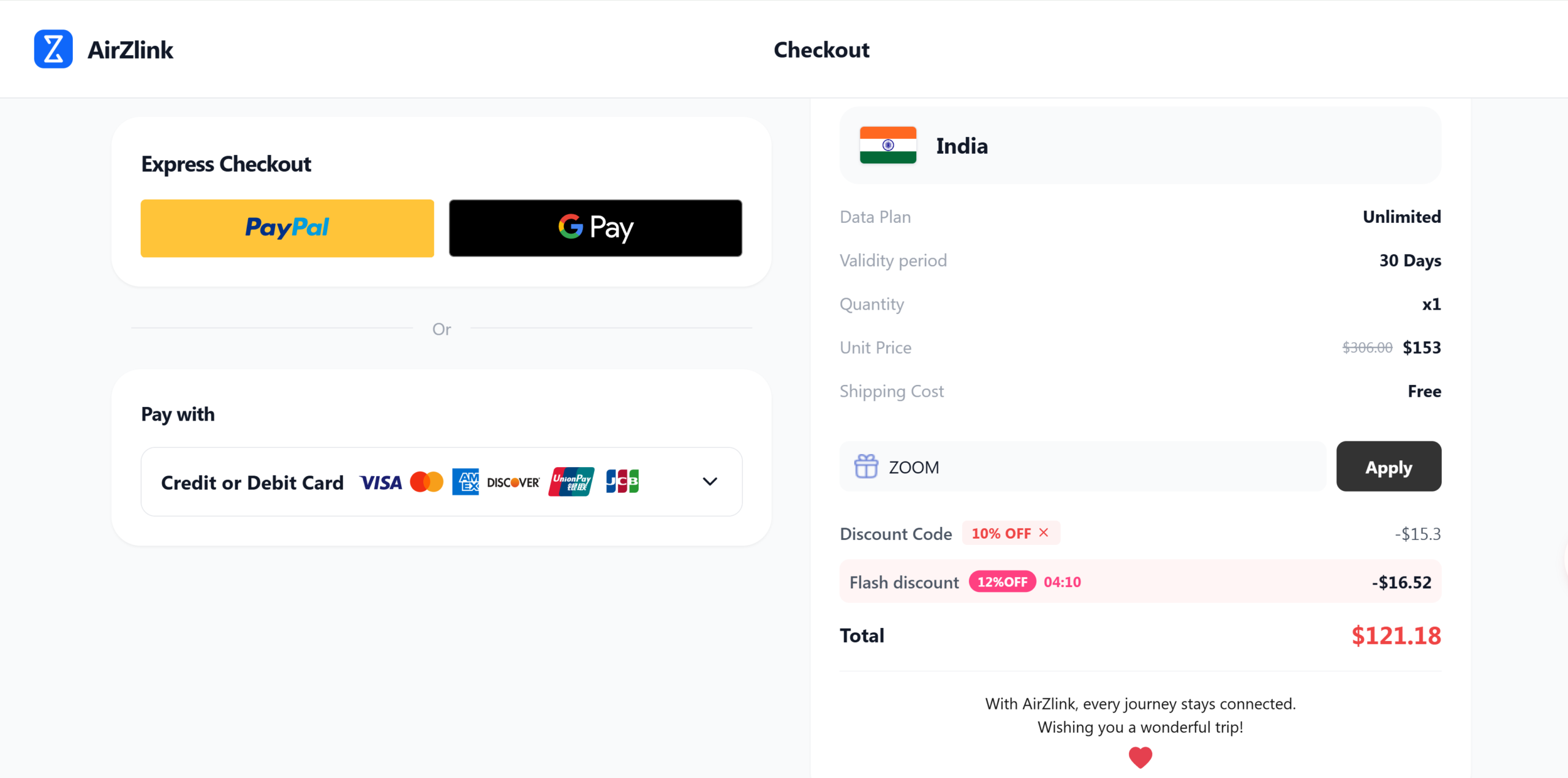 Screenshot showing AirZlink promo code ZOOM applied at checkout for 10% off, verified by Promocode.sale