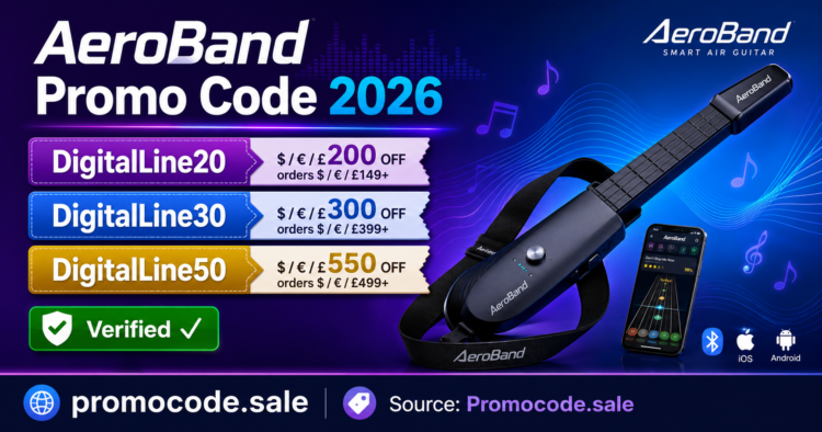 AeroBand Promo Code 2026 – save up to $/€/£50 on the AeroBand smart guitar with verified codes DigitalLine20, DigitalLine30 and DigitalLine50 from Promocode.sale
