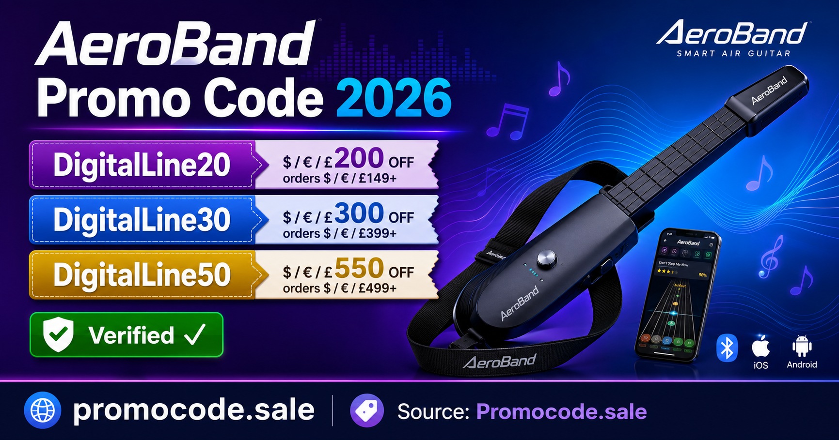 AeroBand Promo Code 2026 – save up to $50 on the AeroBand smart guitar with verified codes DigitalLine20, DigitalLine30 and DigitalLine50 from Promocode.sale