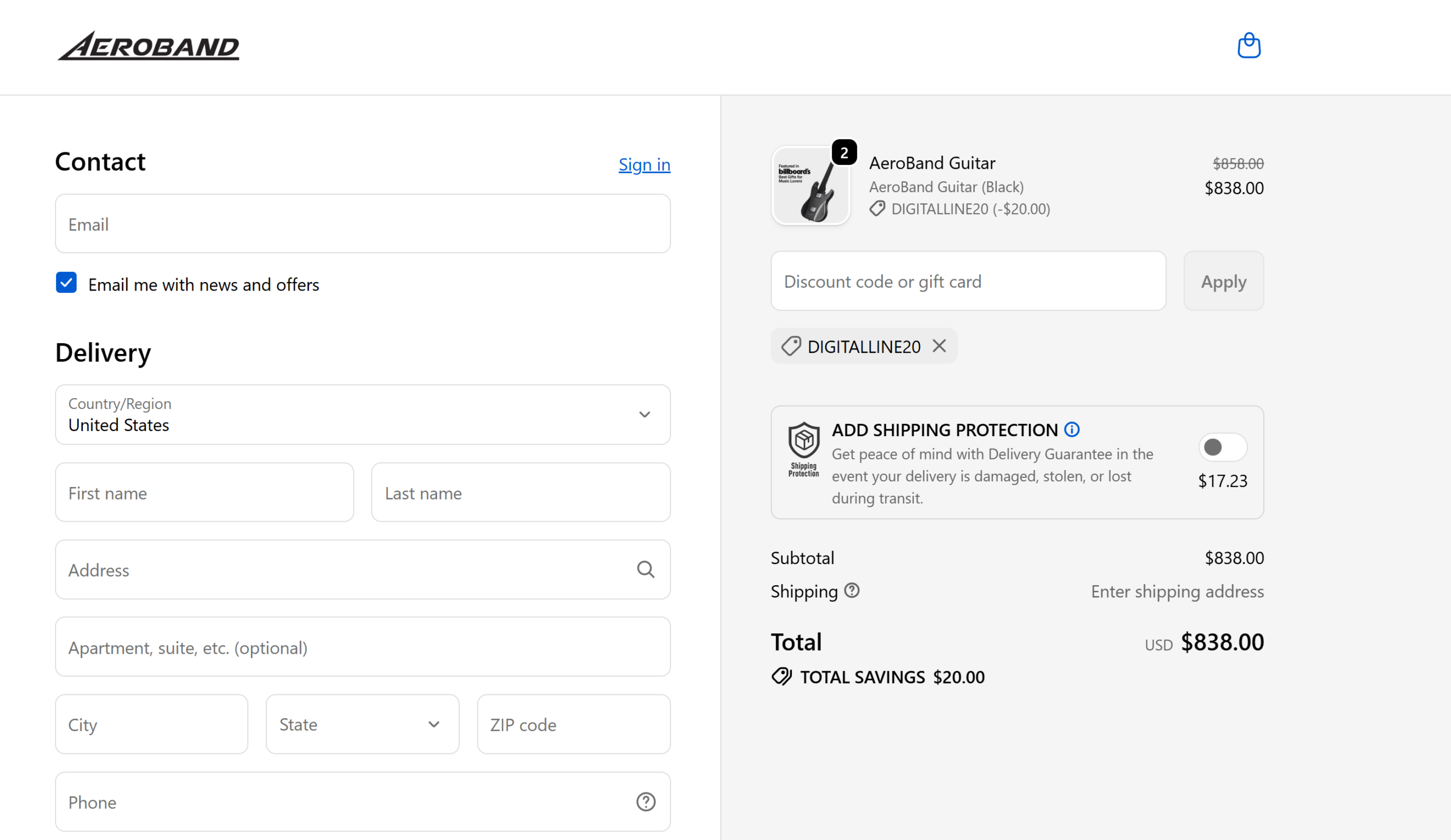 AeroBand promo code DIGITALLINE20 applied at AeroBand US checkout, showing $20.00 total savings and $838.00 total – verified by Promocode.sale
