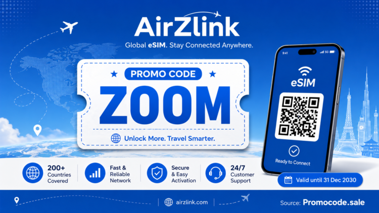 AirZlink promo code ZOOM banner for 2026 travel eSIM discount, code provided by Promocode.sale