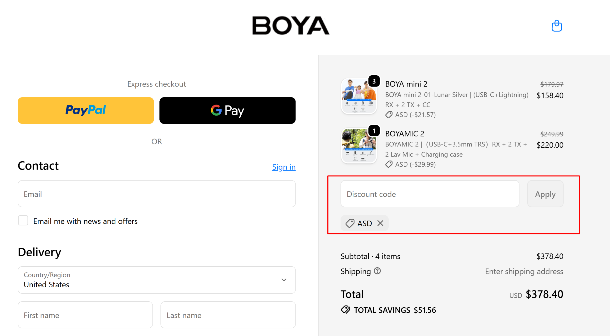 Verified BOYA coupon code ASD applied at checkout for 12% off, $51.56 savings, sourced by Promocode.sale
