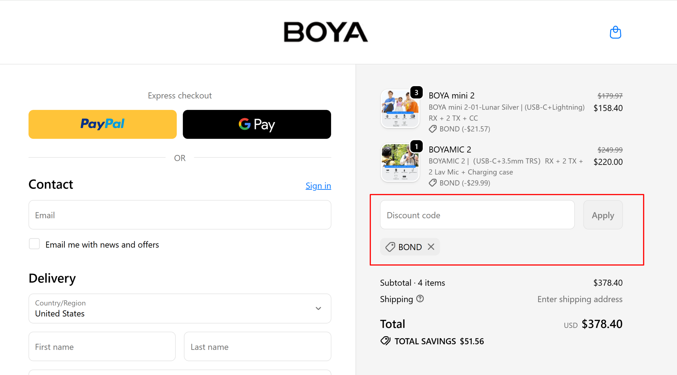 Verified BOYA coupon code BOND applied at checkout for 12% off, $51.56 savings, sourced by Promocode.sale
