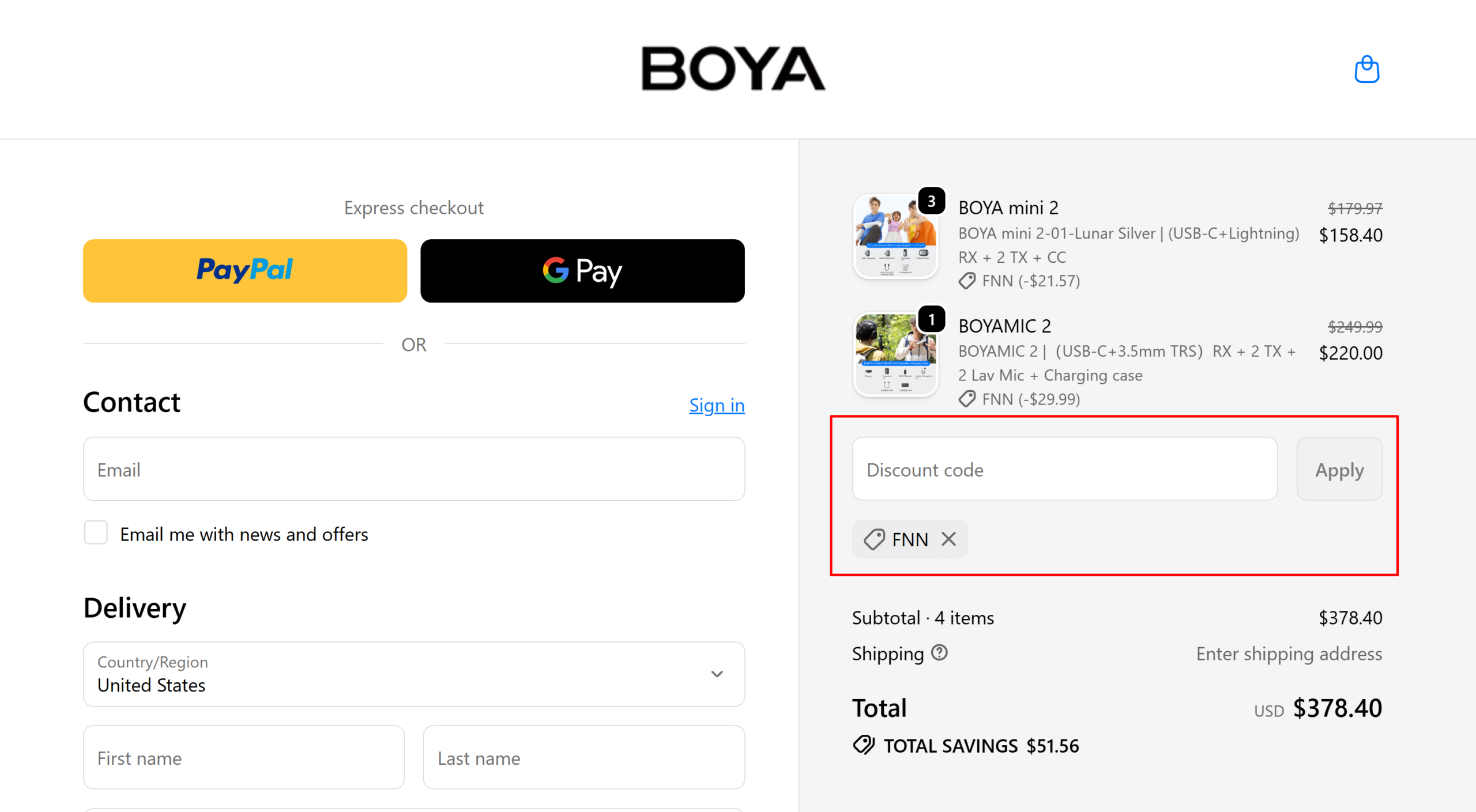 Verified BOYA coupon code FNN applied at checkout for 12% off, $51.56 savings, sourced by Promocode.sale