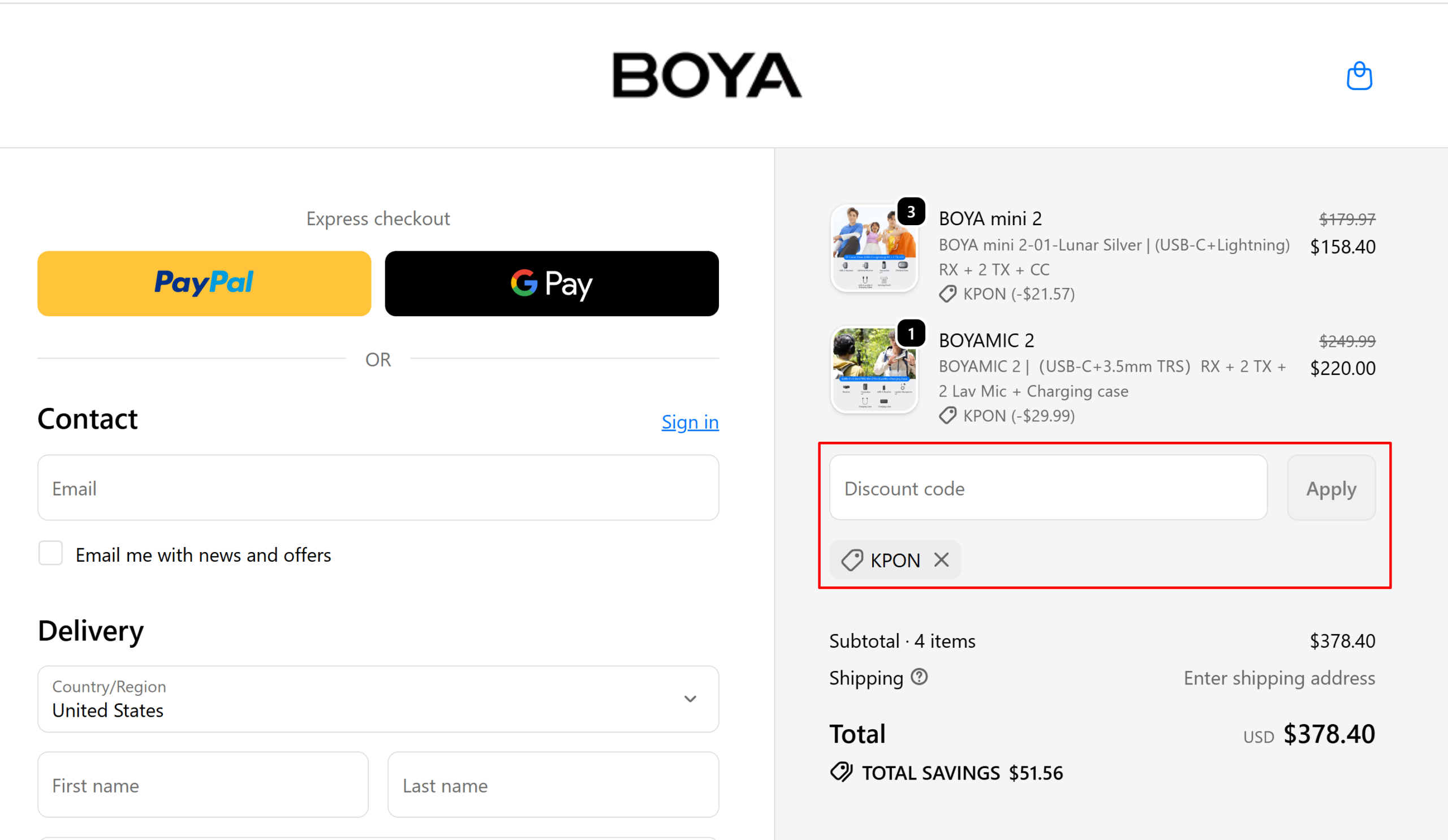 Verified BOYA coupon code KPON applied at checkout for 12% off, $51.56 savings, sourced by Promocode.sale