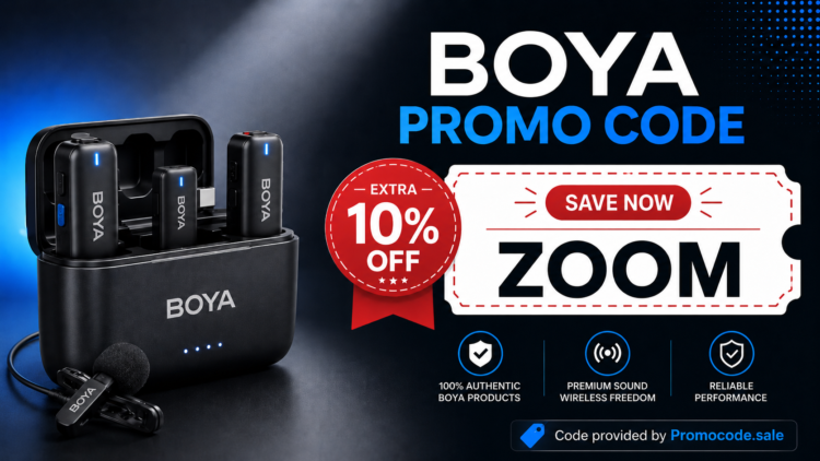 BOYA promo code ZOOM banner offering 12% off all microphones in 2026, verified and provided by Promocode.sale
