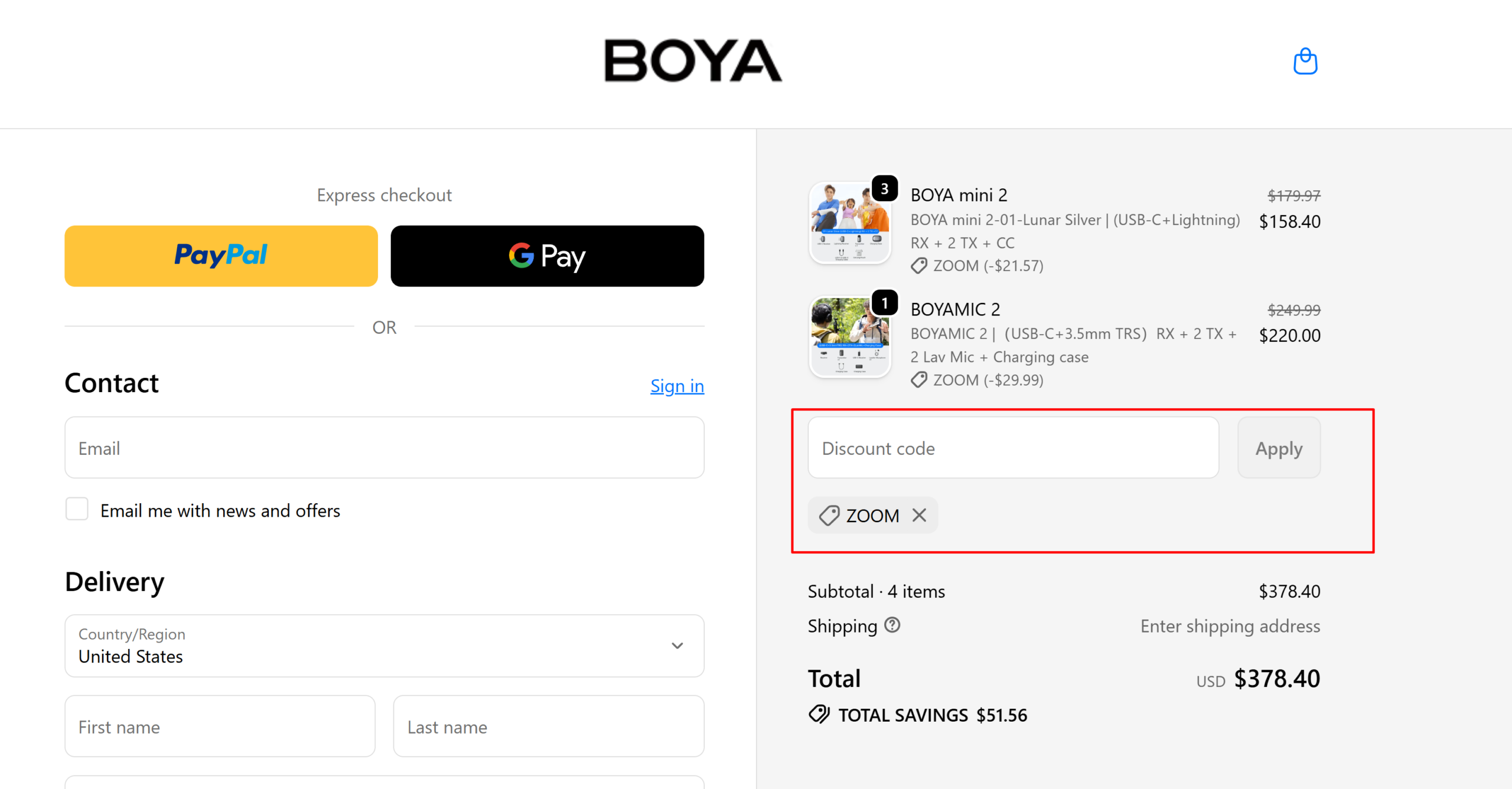 Verified BOYA promo code ZOOM applied at checkout showing 12% off with $51.56 savings, sourced by Promocode.sale