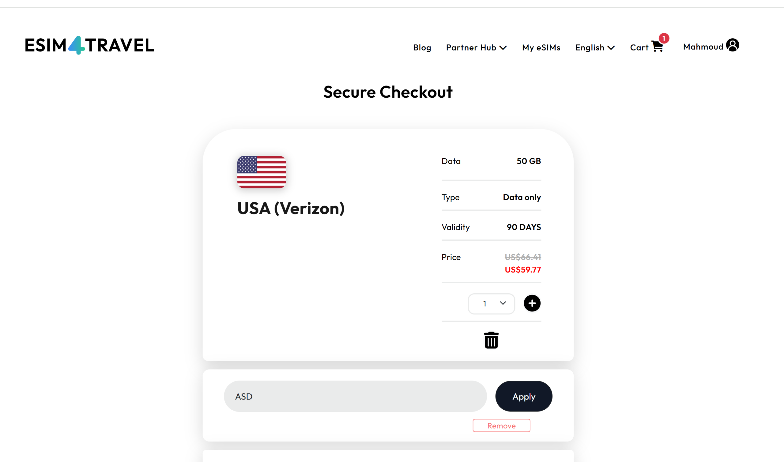 Verified eSIM4Travel promo code ASD applying a 10% OFF discount at checkout, confirmed by Promocode.sale
