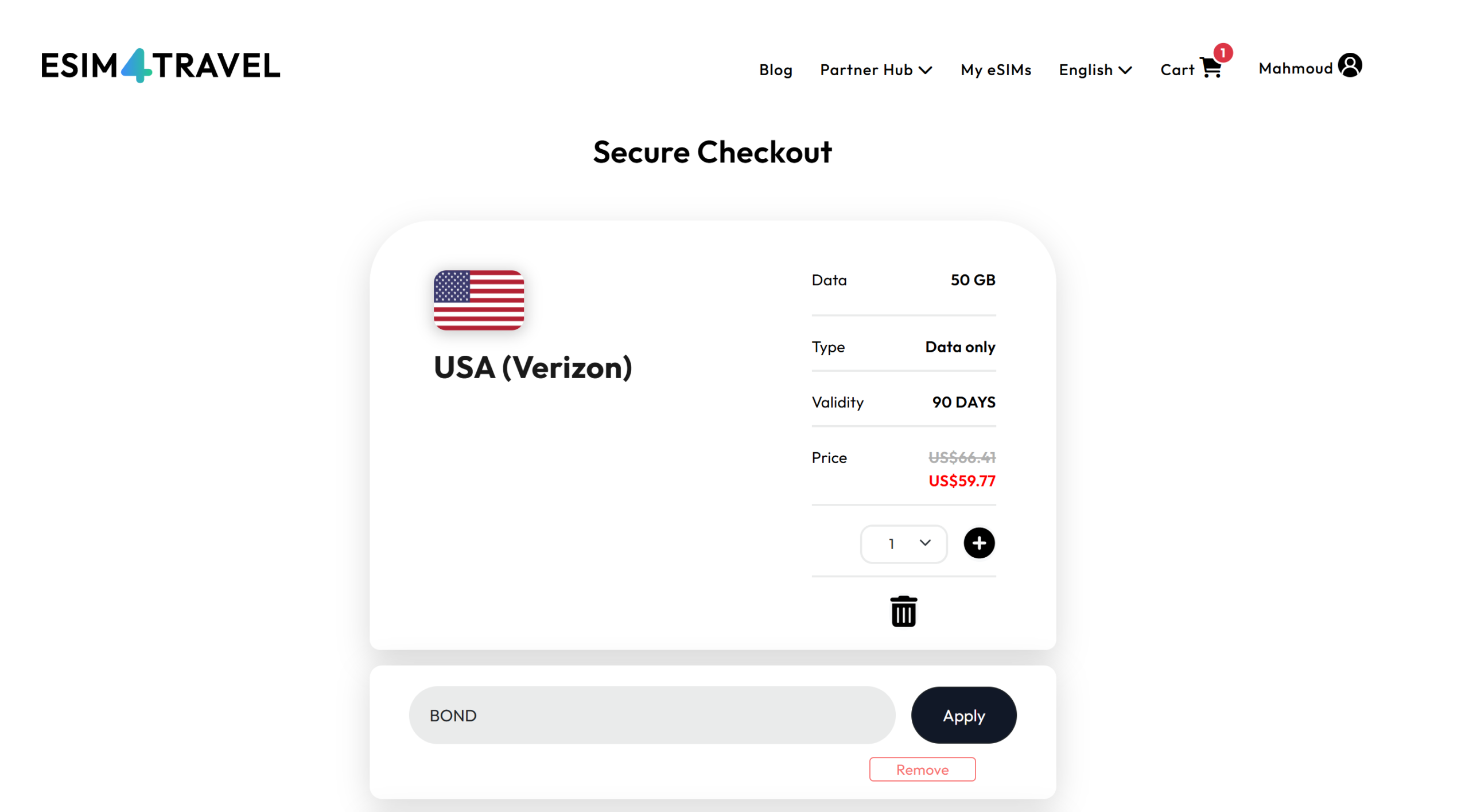 Verified eSIM4Travel promo code BOND applying a 10% OFF discount at checkout, confirmed by Promocode.sale