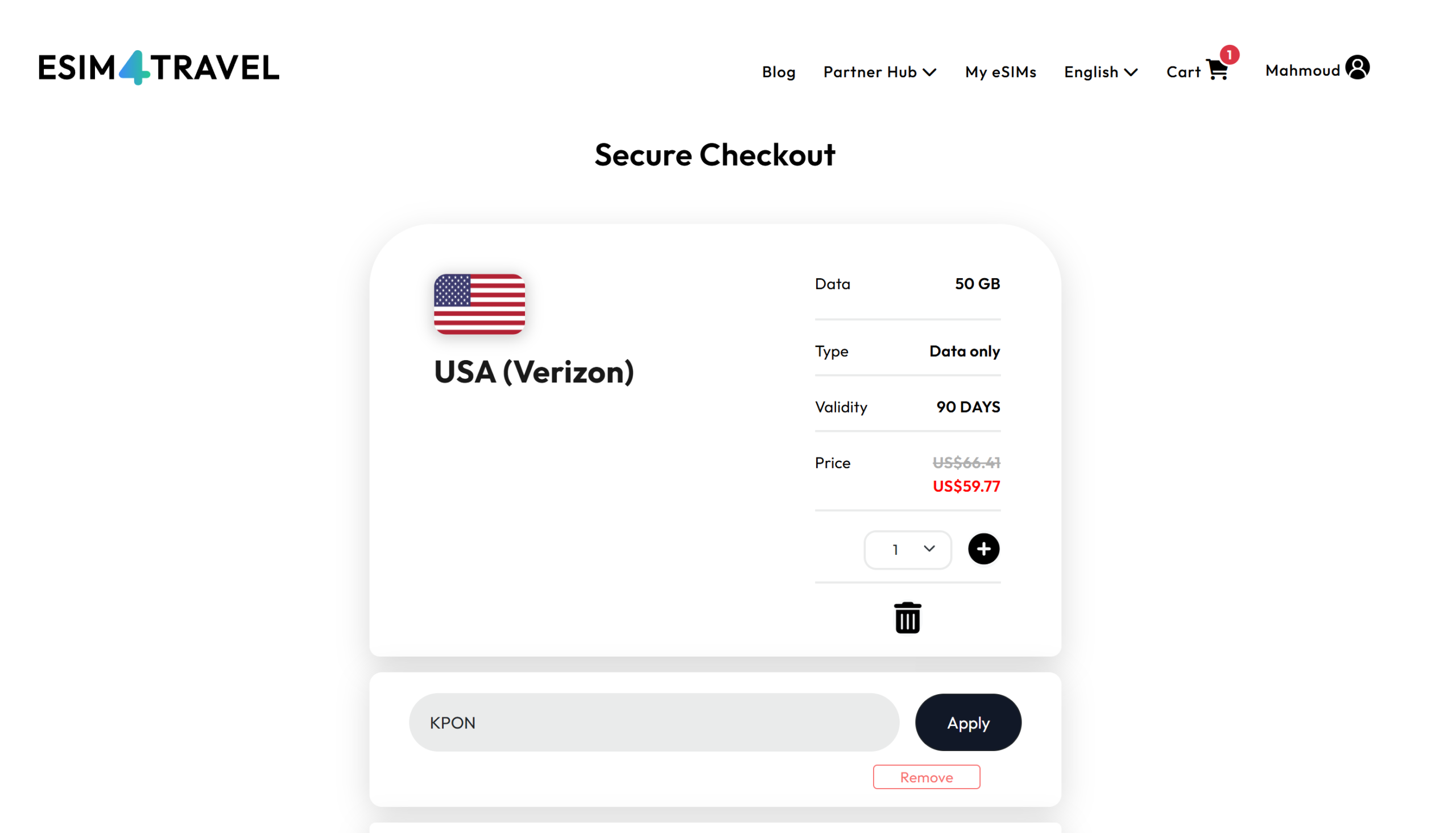 Verified eSIM4Travel promo code KPON applying a 10% OFF discount at checkout, confirmed by Promocode.sale