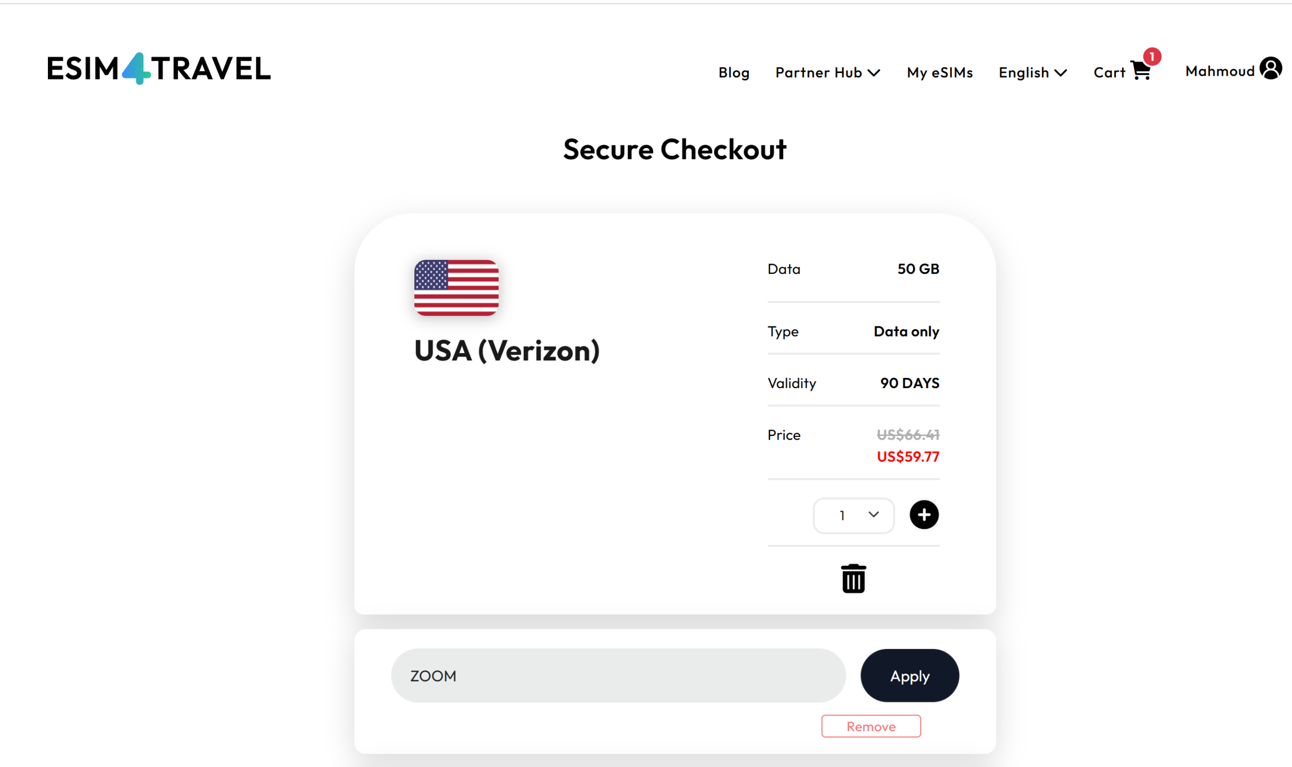 Verified eSIM4Travel promo code ZOOM applying a 10% OFF discount at checkout, confirmed by Promocode.sale
