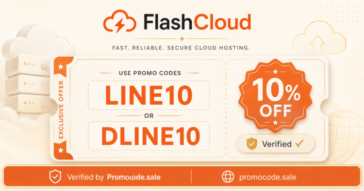 (SEO-critical) FlashCloud promo code LINE10 and DLINE10 banner showing an extra 10% off WordPress hosting, verified by Promocode.sale