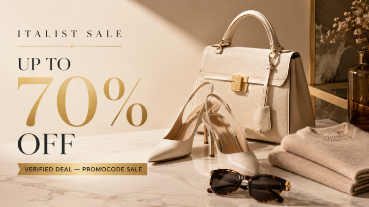 Italist promo code 2026 banner showing up to 70% off the luxury designer sale, verified deal sourced by Promocode.sale (no code needed – prices already reduced).