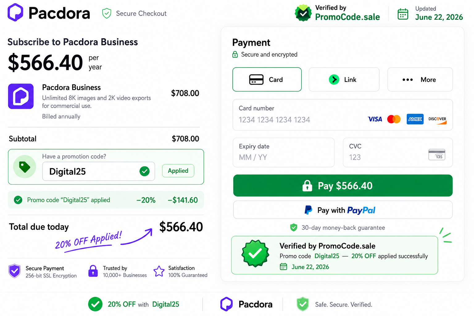 Screenshot verifying Pacdora promo code Digital25 applied at checkout for 20% off, tested by PromoCode.sale