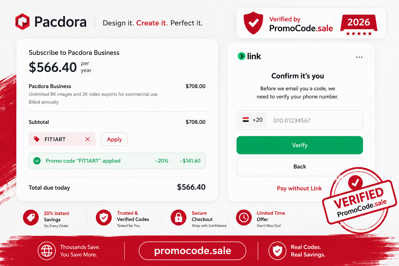 Screenshot showing Pacdora code FIT1ART applying 20% off at checkout, tested by PromoCode.sale