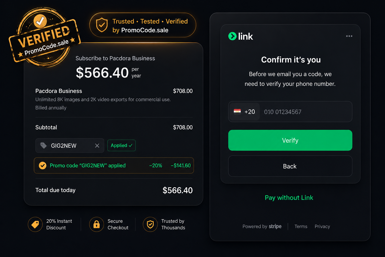 Dark-mode screenshot showing Pacdora code GIG2NEW applying 20% off at checkout, tested by PromoCode.sale