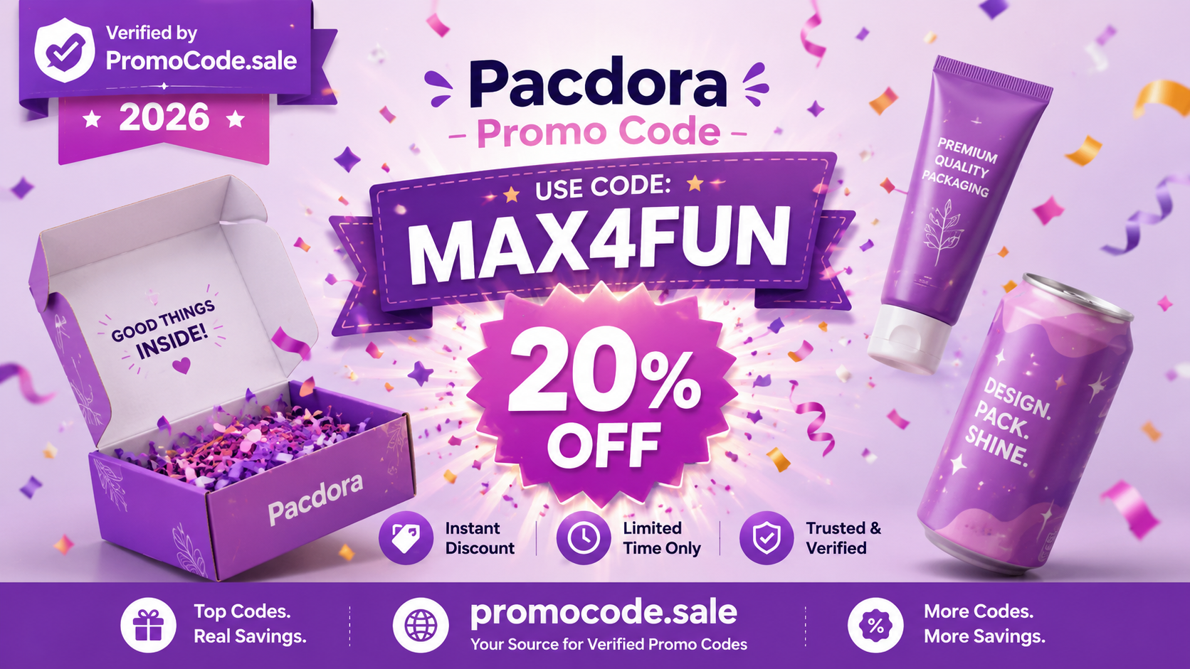 Pacdora coupon code MAX4FUN giving 20% off Pacdora packaging-design plans in 2026, verified by PromoCode.sale