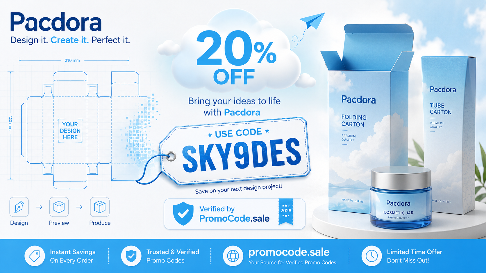 Pacdora coupon code SKY9DES for 20% off Pacdora packaging-design subscriptions in 2026, verified by PromoCode.sale