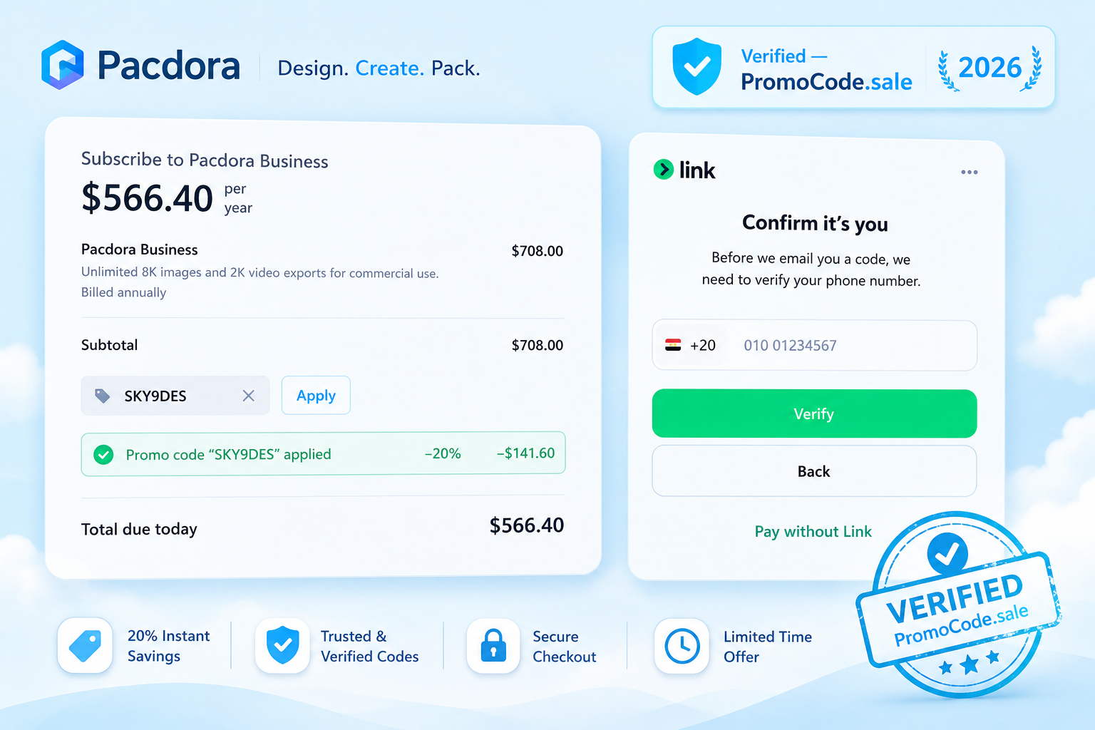 Light sky-blue screenshot showing Pacdora code SKY9DES applying 20% off at checkout, tested by PromoCode.sale