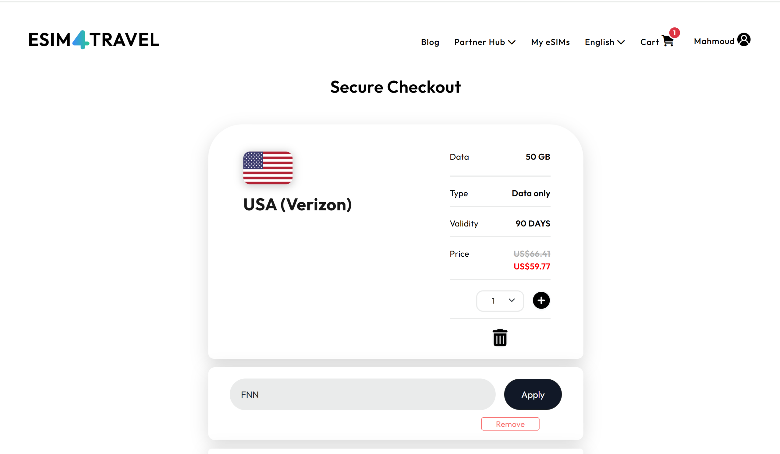 Verified eSIM4Travel promo code FNN applying a 10% OFF discount at checkout, confirmed by Promocode.sale
