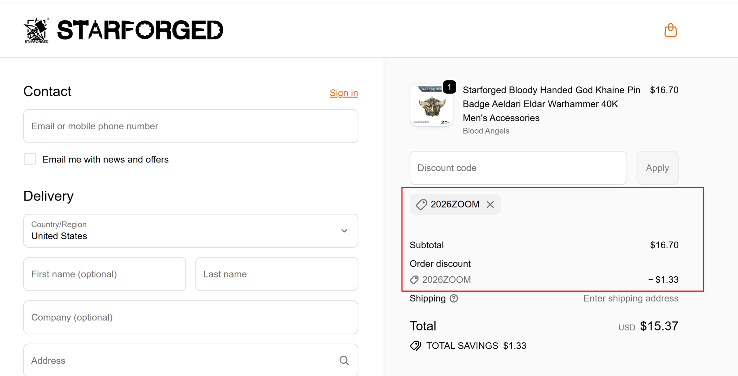 Starforged checkout showing promo code 2026ZOOM applied for 8% off, with a $1.33 order discount and a $15.37 total, verified by Promocode.sale