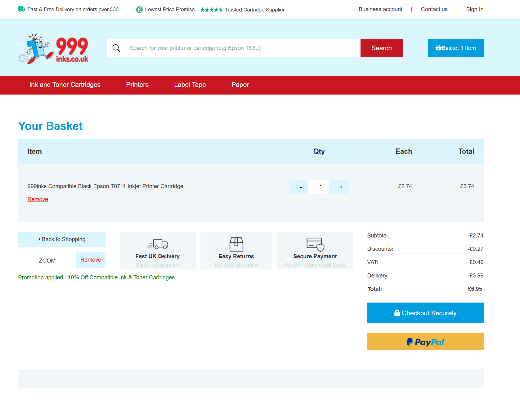 Screenshot confirming 999 Inks promo code ZOOM applied at checkout - verified by PromoCode.Sale