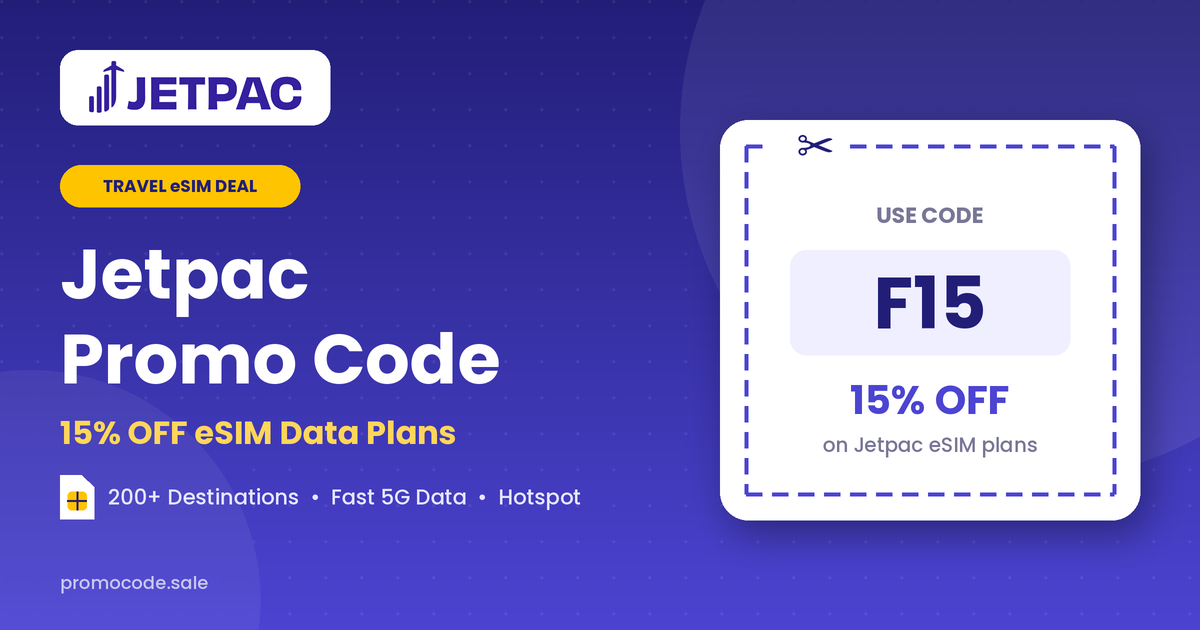 Jetpac promo code F15 coupon for 15% off travel eSIM data plans