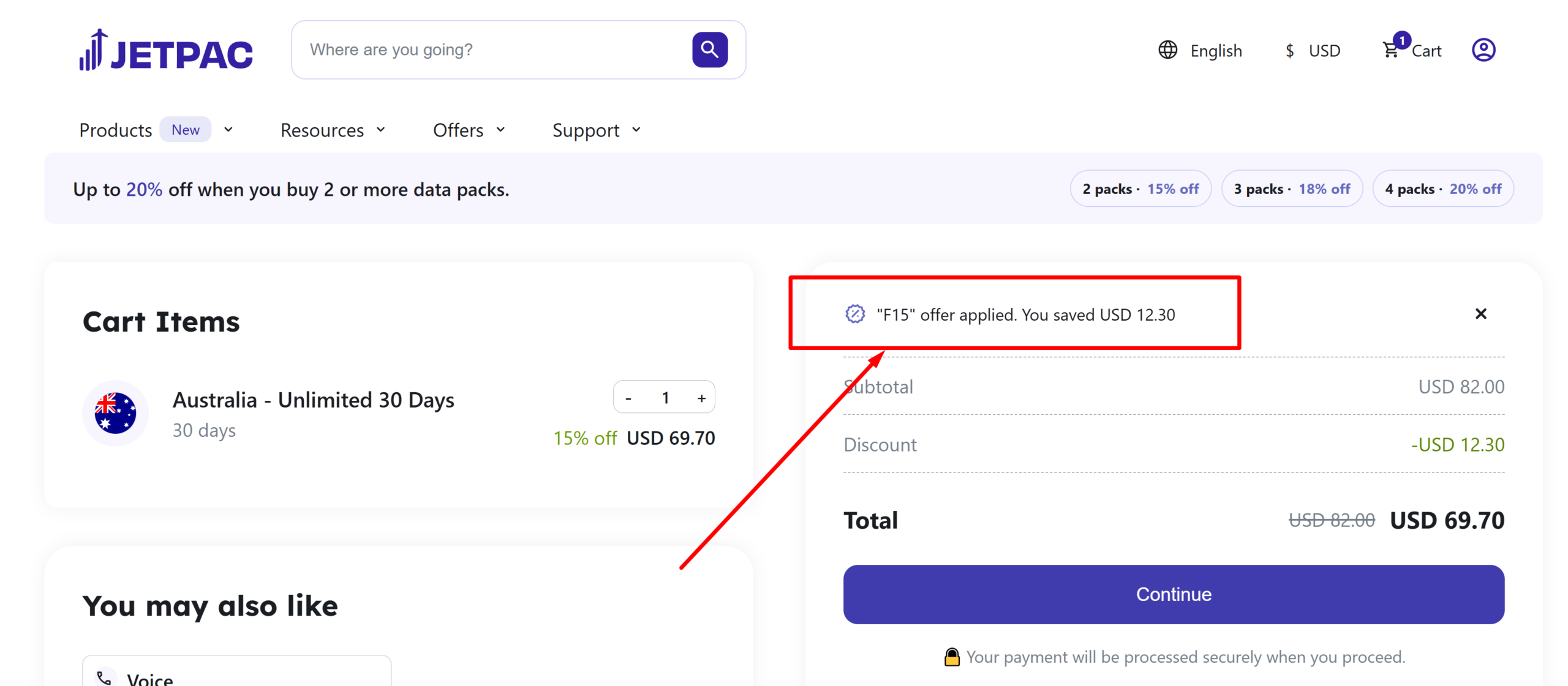 Jetpac promo code F15 applied at checkout saving USD 12.30 on an Australia eSIM plan