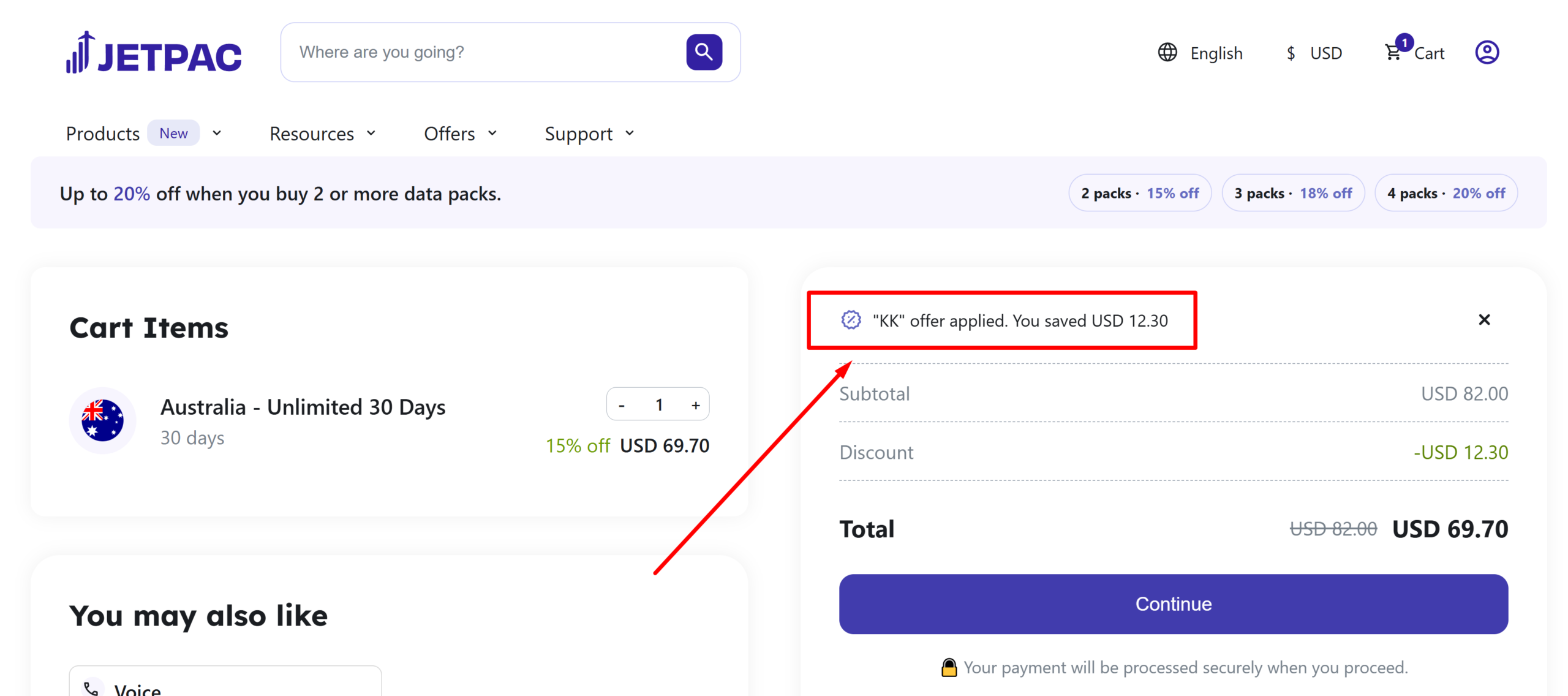 Jetpac coupon KK applied at checkout with USD 12.30 saved