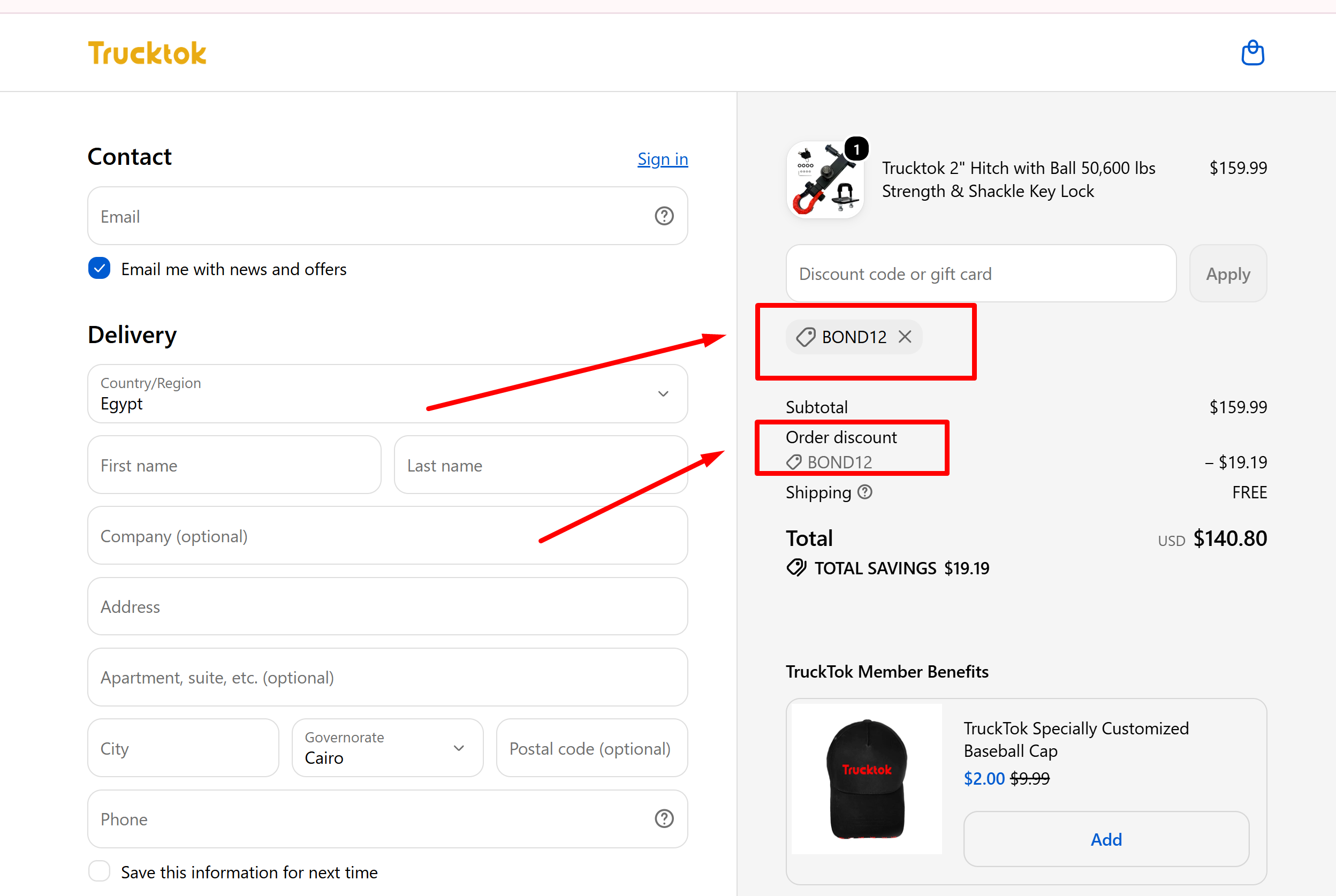 TruckTok discount code BOND12 checkout proof