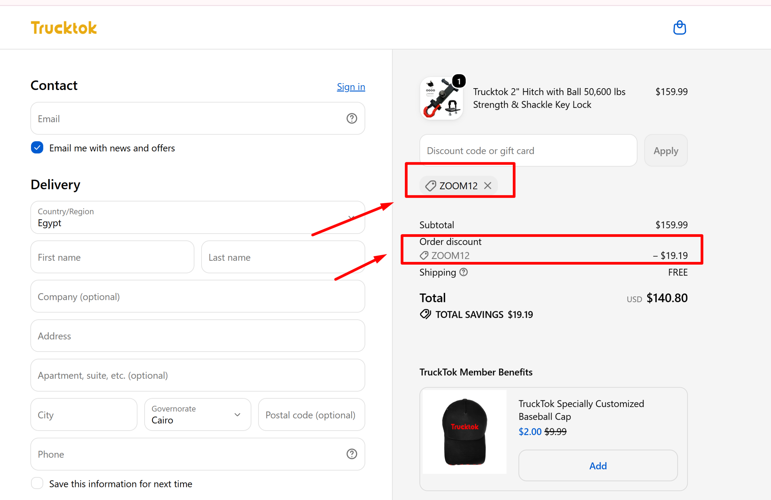TruckTok discount code ZOOM12 applied at checkout