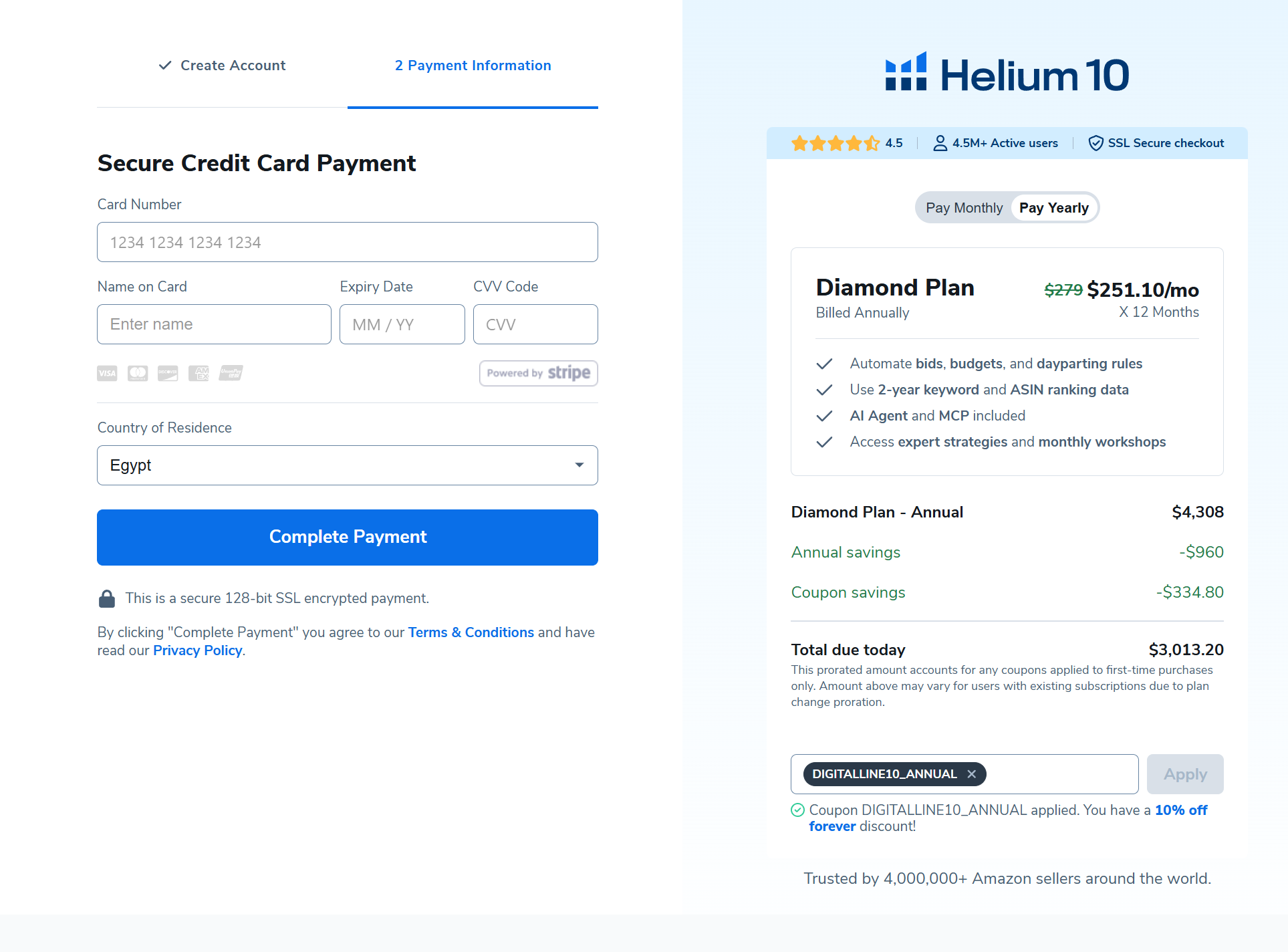 Helium 10 Coupon DIGITALLINE10_ANNUAL on Diamond annual plan checkout