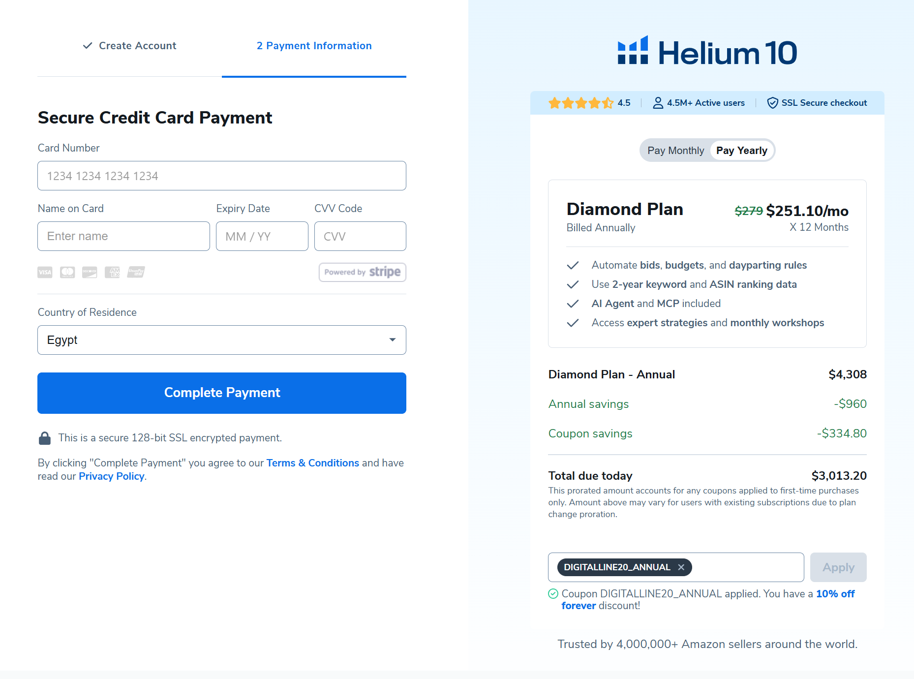 Helium 10 Discount Code savings breakdown on Diamond annual plan