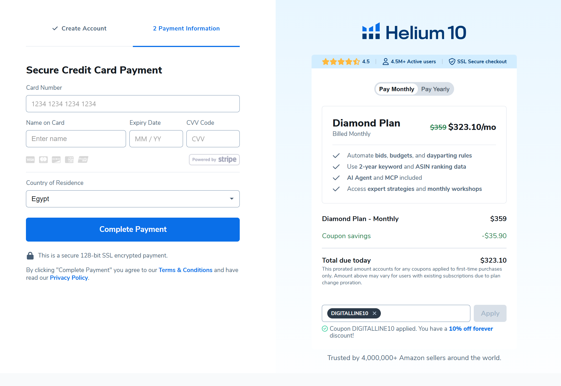 Helium 10 Promo Code DIGITALLINE10 applied on Diamond monthly plan